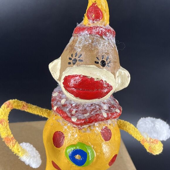 Penny McAllister Clown Sock Monkey Christmas Tree Ornament Yellow Red Polka Dots - Picture 3 of 14